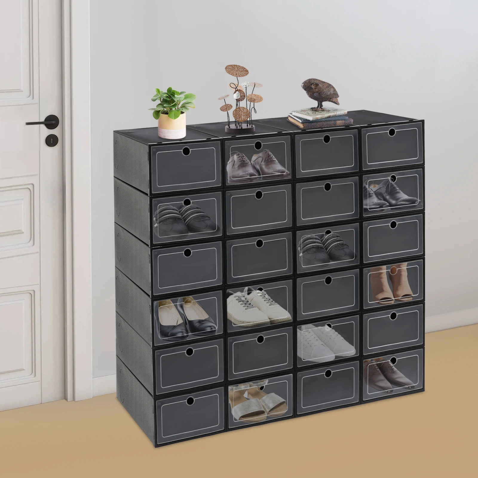 

(Black) 24PCS Shoe Boxes, Foldable Storage Plastic Shoe Box with Flip Lid Design, Shoe Storage Organizer for Small Space Storage
