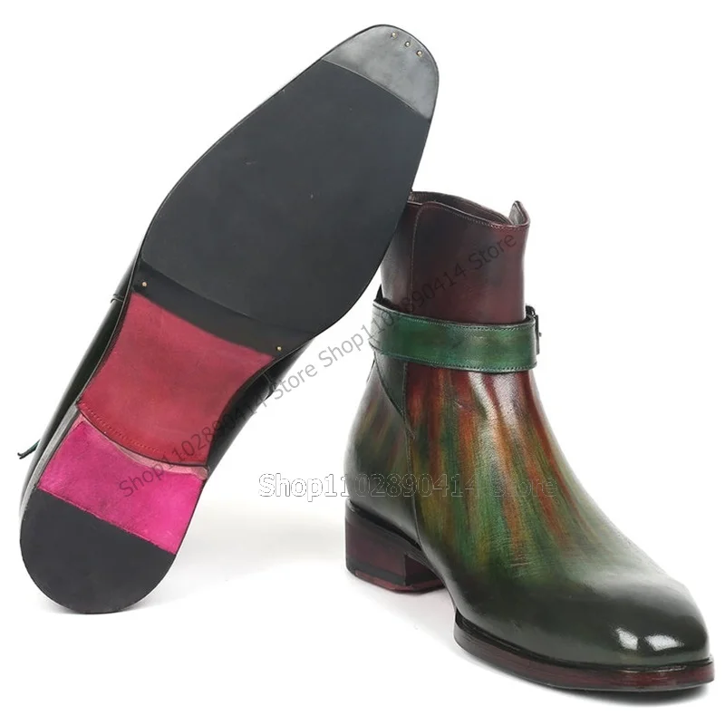 Botas de tornozelo quadrado de impressão colorida masculina, decoração de fivela, deslizamento nos sapatos, feito à mão, luxo, festa, banquete, banquete, vestido, moda