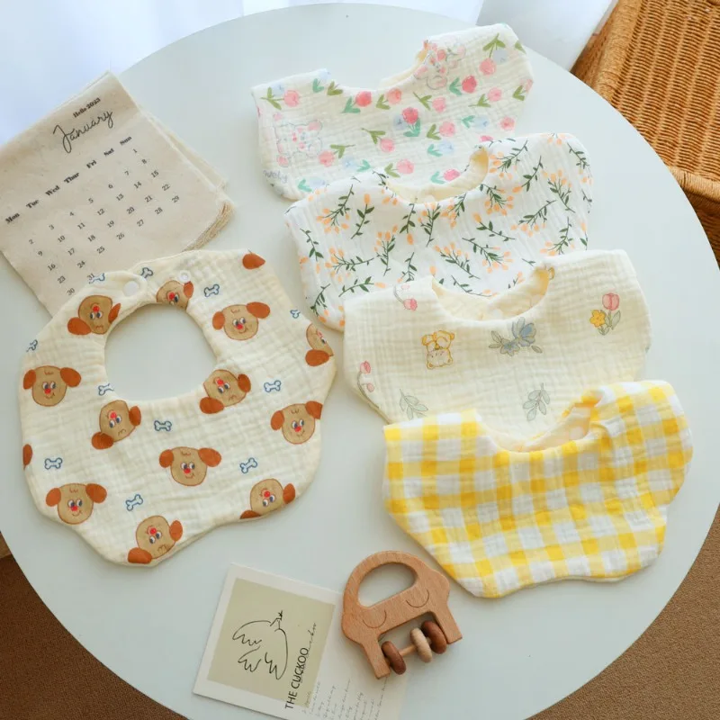 

6-Layer Wrinkle Gauze Petal Shape Drool Bibs for Babies Newborn Cotton Bandana Bibs with Prints Baby Feeding Bibs Collection