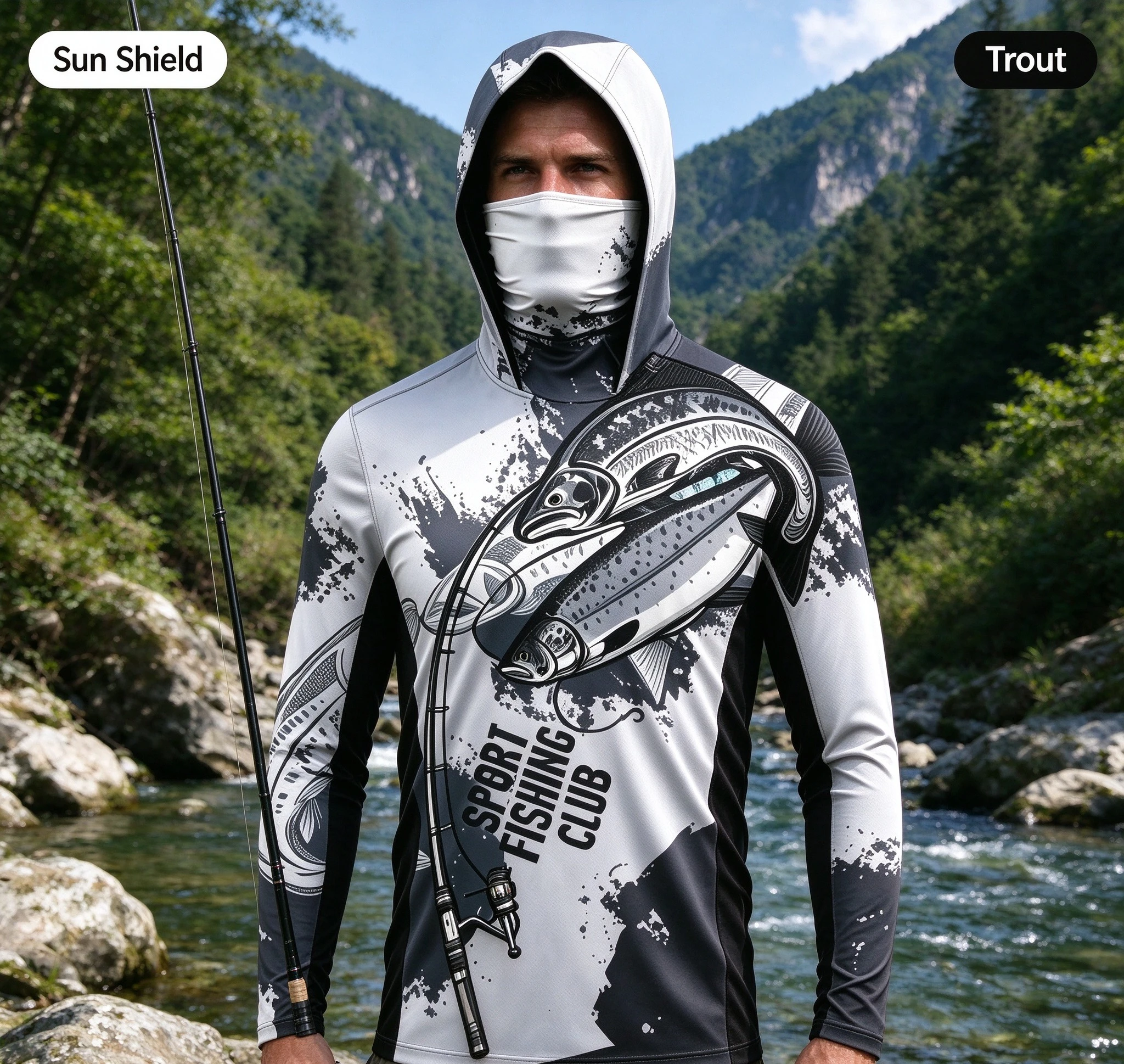 Mens Polyester Fishing Hooded Shirt UPF50 Sun Protection Face Cover Long Sleeve Quick Dry Trout Graphic Print Outdoor Angling