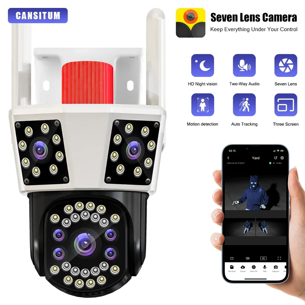 CANSITUM three screens WIFI IP HD Outdoor Camera  PTZ 8X Zoom Three Lens Three Screens  CCTV Video Camera Security Protection