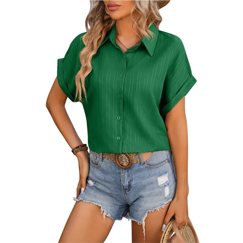 New Korean Fashion Cardigan Top Female Summer Loose Thin Trend Slim Versatile Short Sleeve Lapel Neck Solid Color Women's Shirt