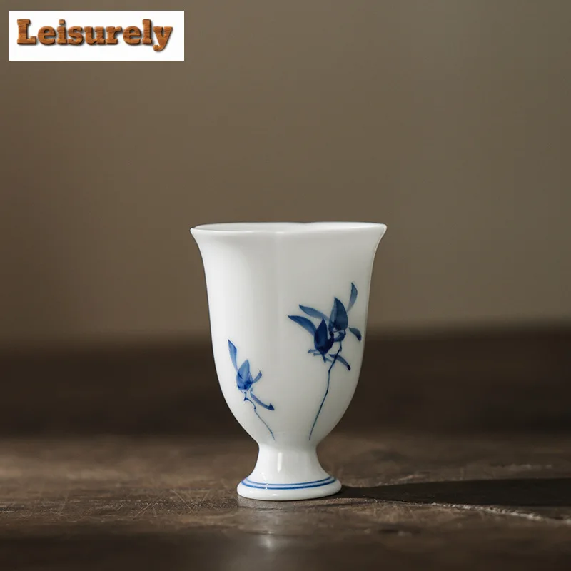 

2pc/set Pure Hand-painted Butterfly Orchid Teacup High Legged Tasting Cup Small Fragrant Master Cup Kung Fu Tea Mug Teaset 60ml