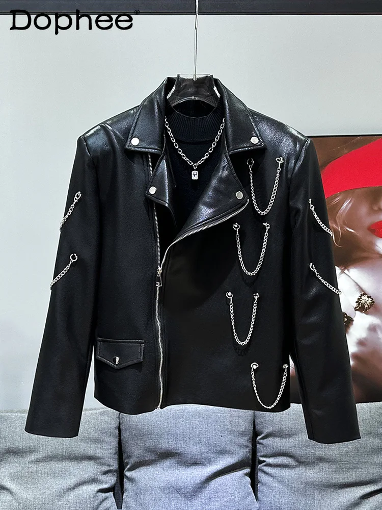 New Popular Metal Multi-Necklace Decorative Design Short Coats Trendy High Street Men's Faux Leather Motorcycle Clothing Jacket