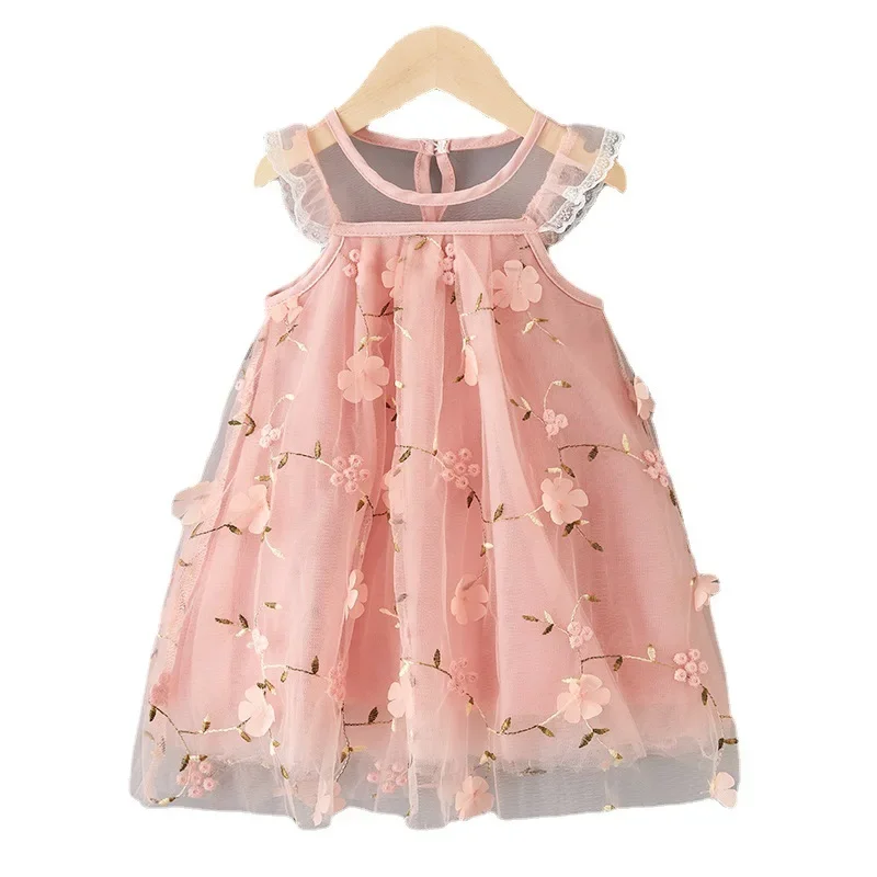 Summer 2023 new Korean version girl embroidered lace mesh dress girl baby super foreign gauze dress princess dress