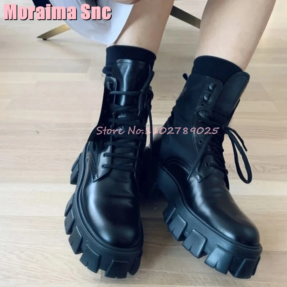 Pocket Decor Round Toe Ankle Boots Strap Thick Bottom Lace Up All-Match Fashion Autumn Winter Women Boots Black Solid 2023 New