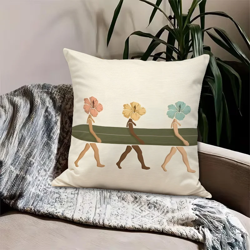 1pc Surfer Abstract Decorative Pillow Cover, Short Plush Single-Sided Print, Bohemian Tropical Vacation Style, Gift for Surfing Enthusiasts, Modern Minimalist Spring/Summer Home Decor, Surfboard Design, Suitable for Living Room, Sofa