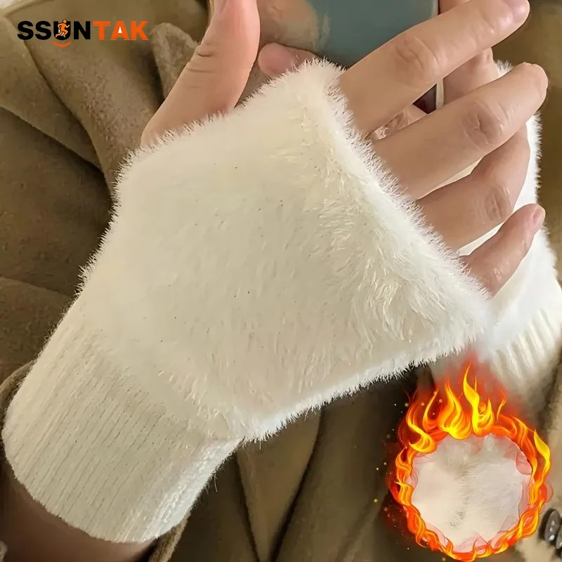 SSUNTAK Women Winter Half Finger Gloves Fuzzy Knitted Warm Windproof Typing Write Cycling Drive Fashion Korean Style Wrist Cuffs