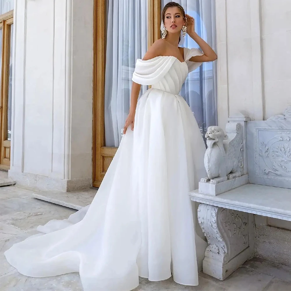 

Simple Pleat Short Sleeves Wedding Dress Princess Off the Shoulder A-Line Floor Length Sweep Train Bridal Open Back Gowns