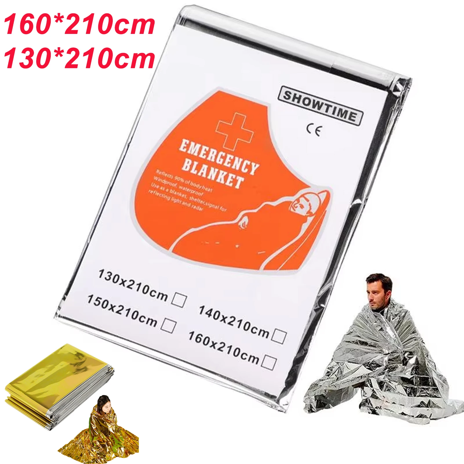 Manta Poncho térmica de emergencia, 1,6x2,1 m, ligera, plegable, resistente al agua, sombrilla a prueba de viento, estera de primeros auxilios para acampar