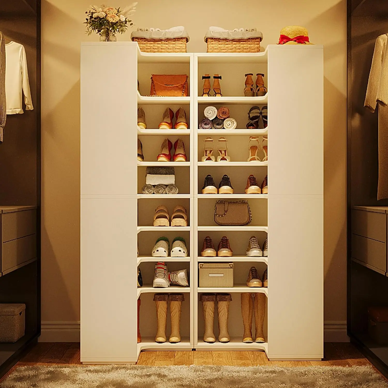 Corner Shoe Rack 9-Tier Wood Storage Shelf Organizer Holds 45 Pairs for Closet Entryway White Set of 2, Customized