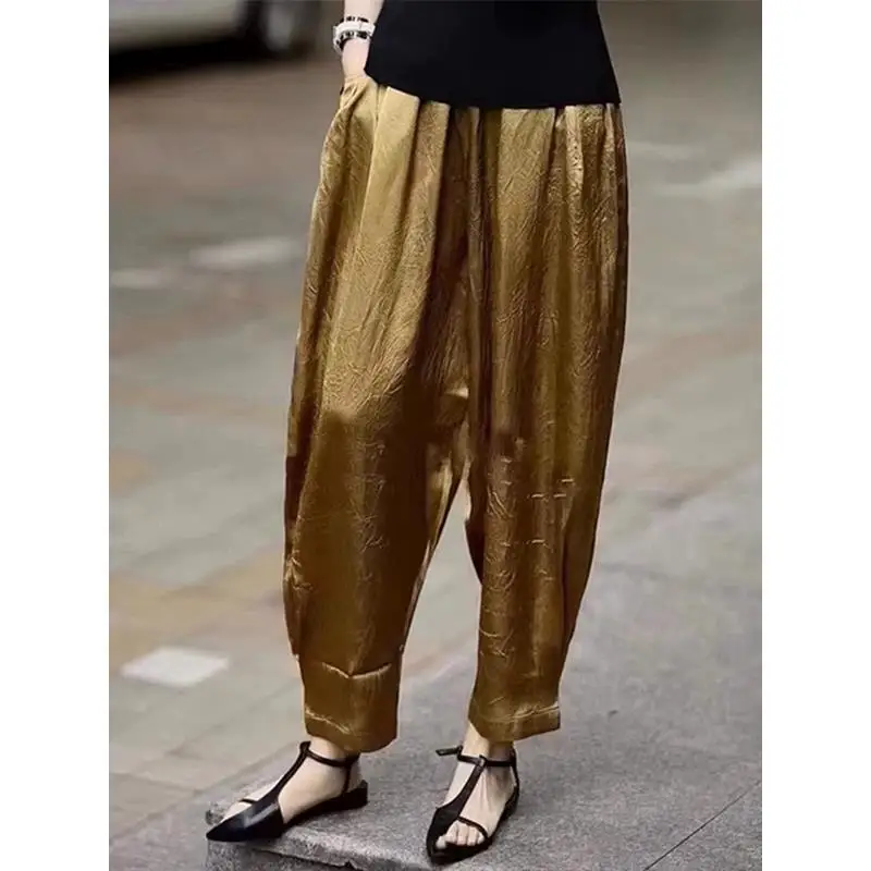 

2024 Spring/Summer New High Waist Folded Loose Look Slim Versatile Casual Acetate Haren Pants Dad Pants Women