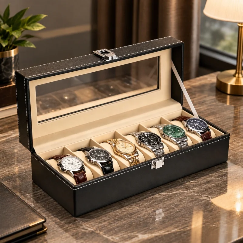 Men's PU Leather Watch Storage Case with Glass Cover, Multiple Compartments, and Display Rack - Perfect Gift Organizer