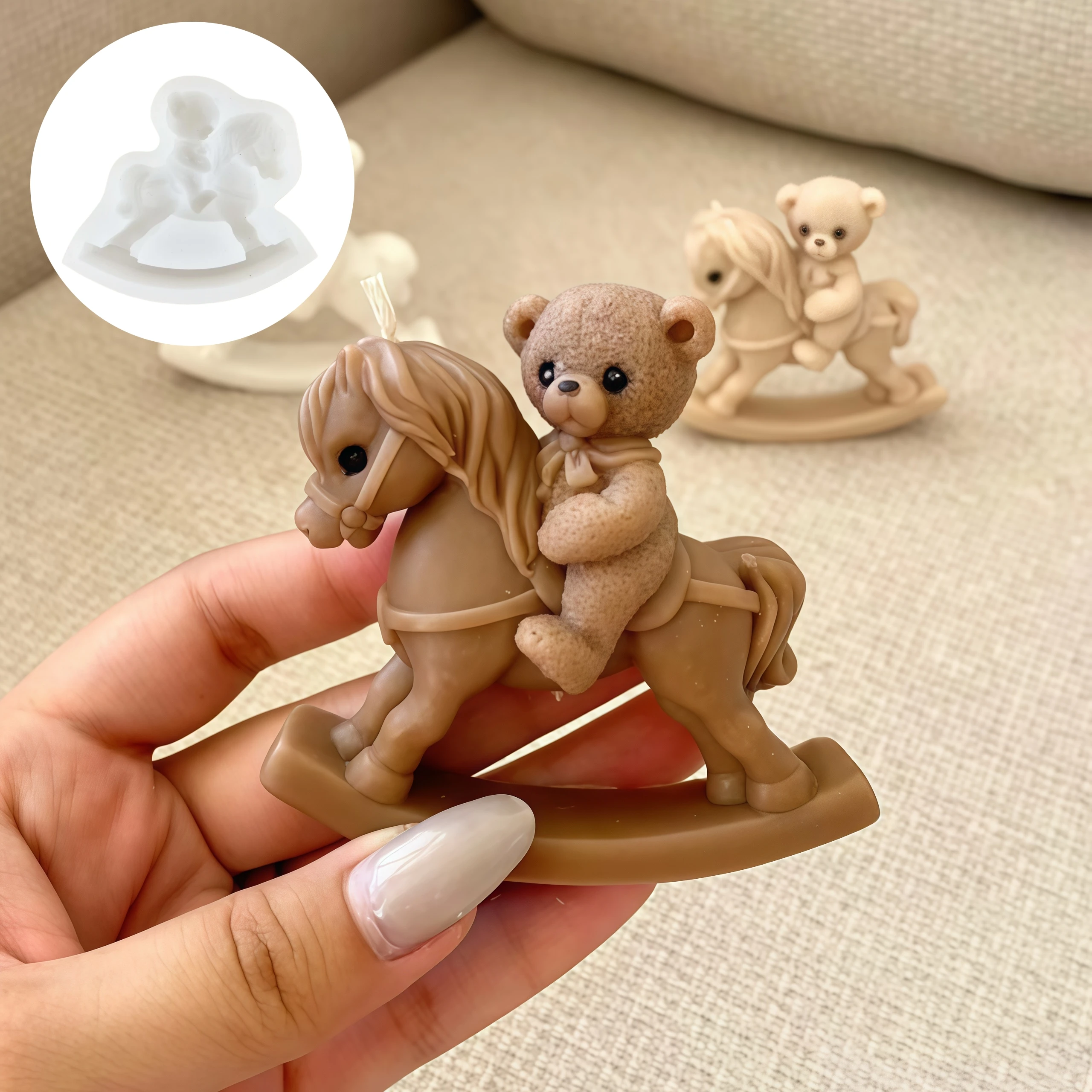 Bear Riding Horse Candle Silicone Mold Cute Bear Riding Horses Swinging Horse Shape Resin Mould Bear Riding Horse Gypsum Molds