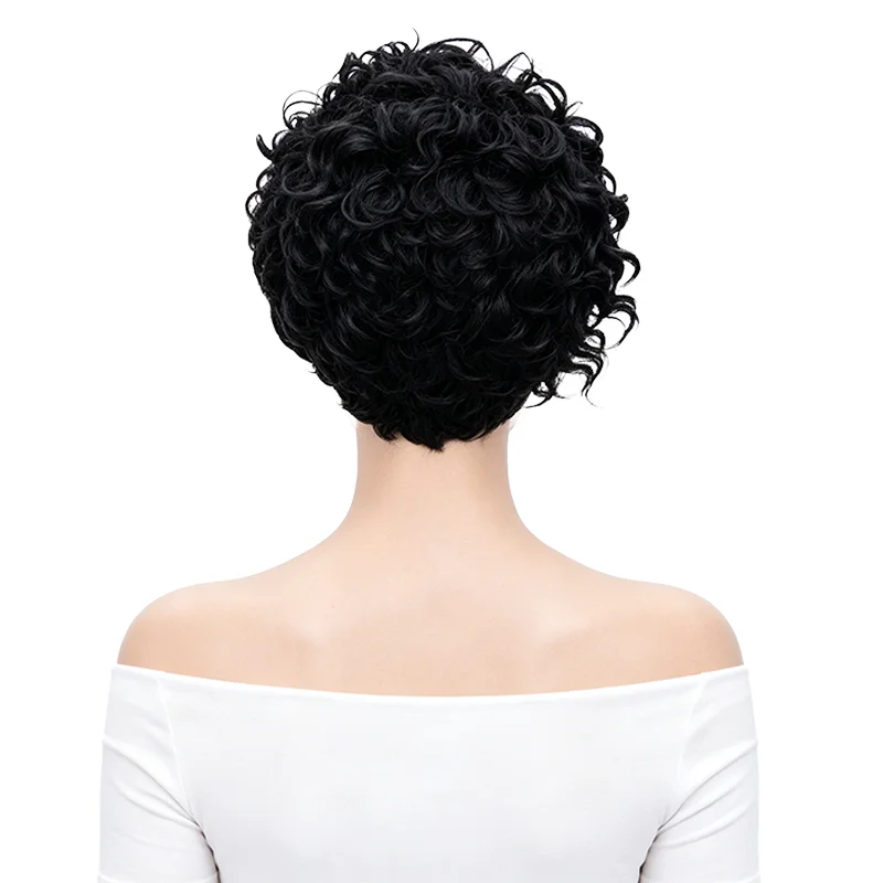 Classic Black Short Curly Pixie Wigs with Side Bangs Fluffy Voluminous Synthetic Wig For Daily Halloween Cosplay Vintage Party