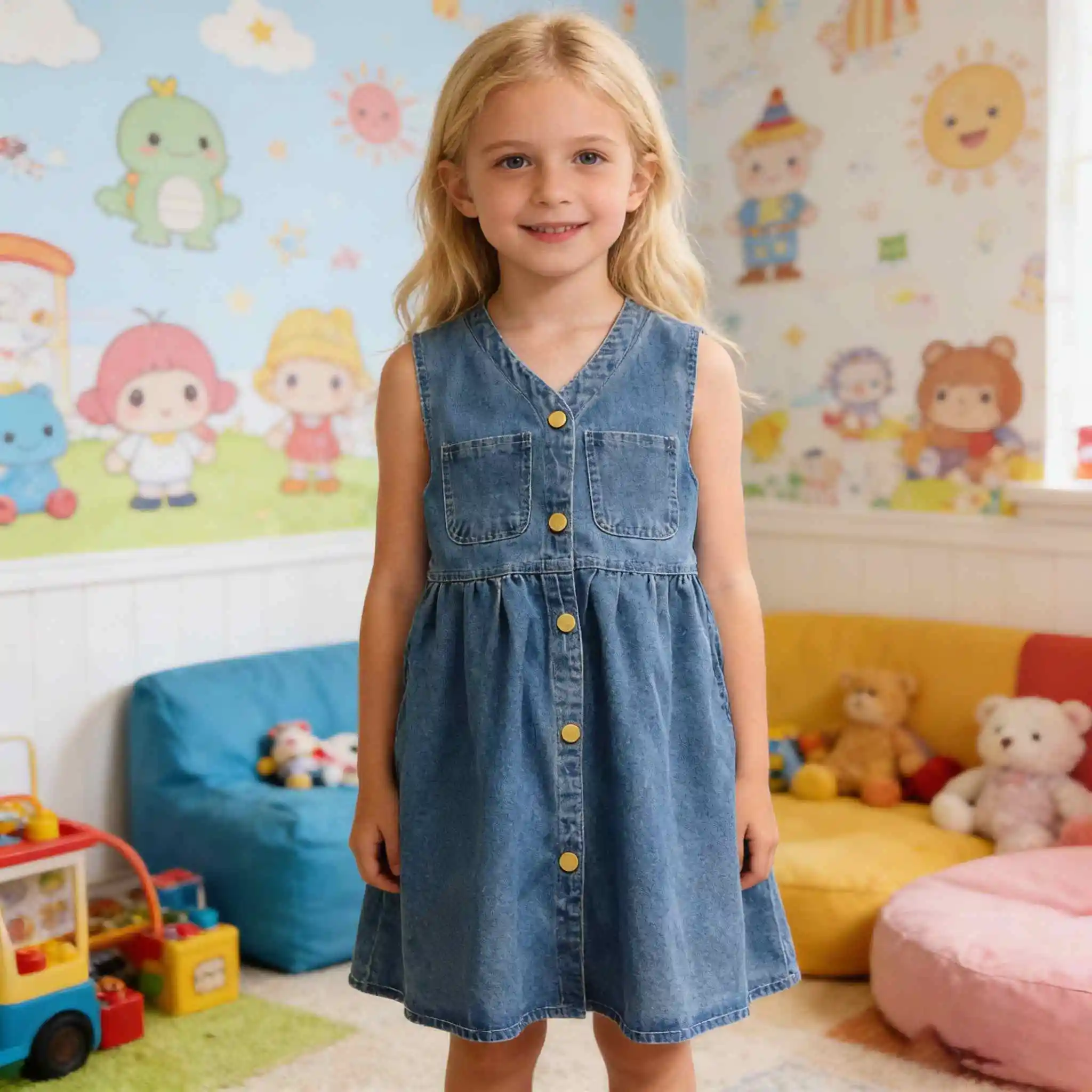 

Girls Classic Retro Denim Dresses 2026 Summer Girls Denim Blue Sleeveless Dress for Girls Casual Children's Clothing Dress