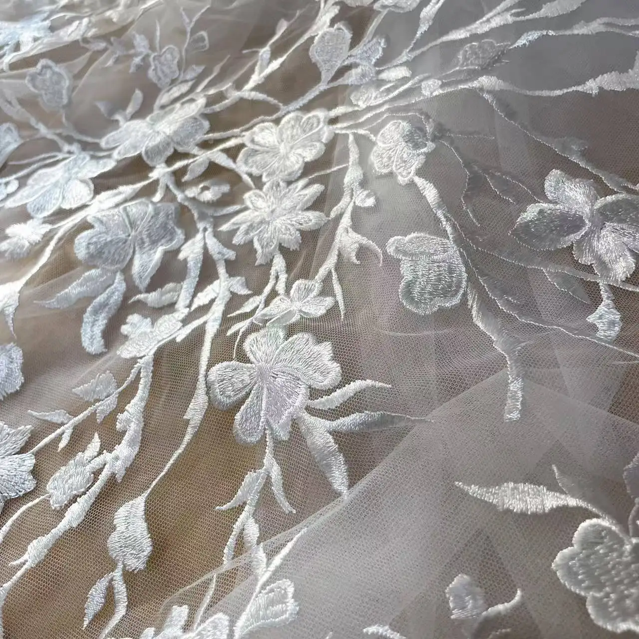 Embroidered Flower Twig Dress Lace Mesh Fabric,off white, RS2562