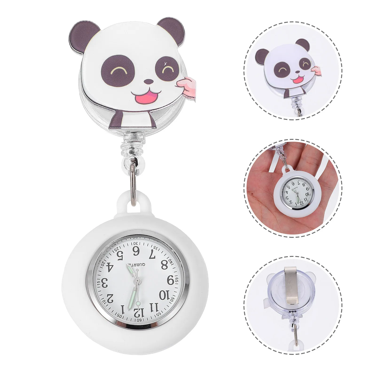 Panda Nurse Watch Clip-on Retractable Pocket Watch for Women, Quartz Movement, Alloy Case