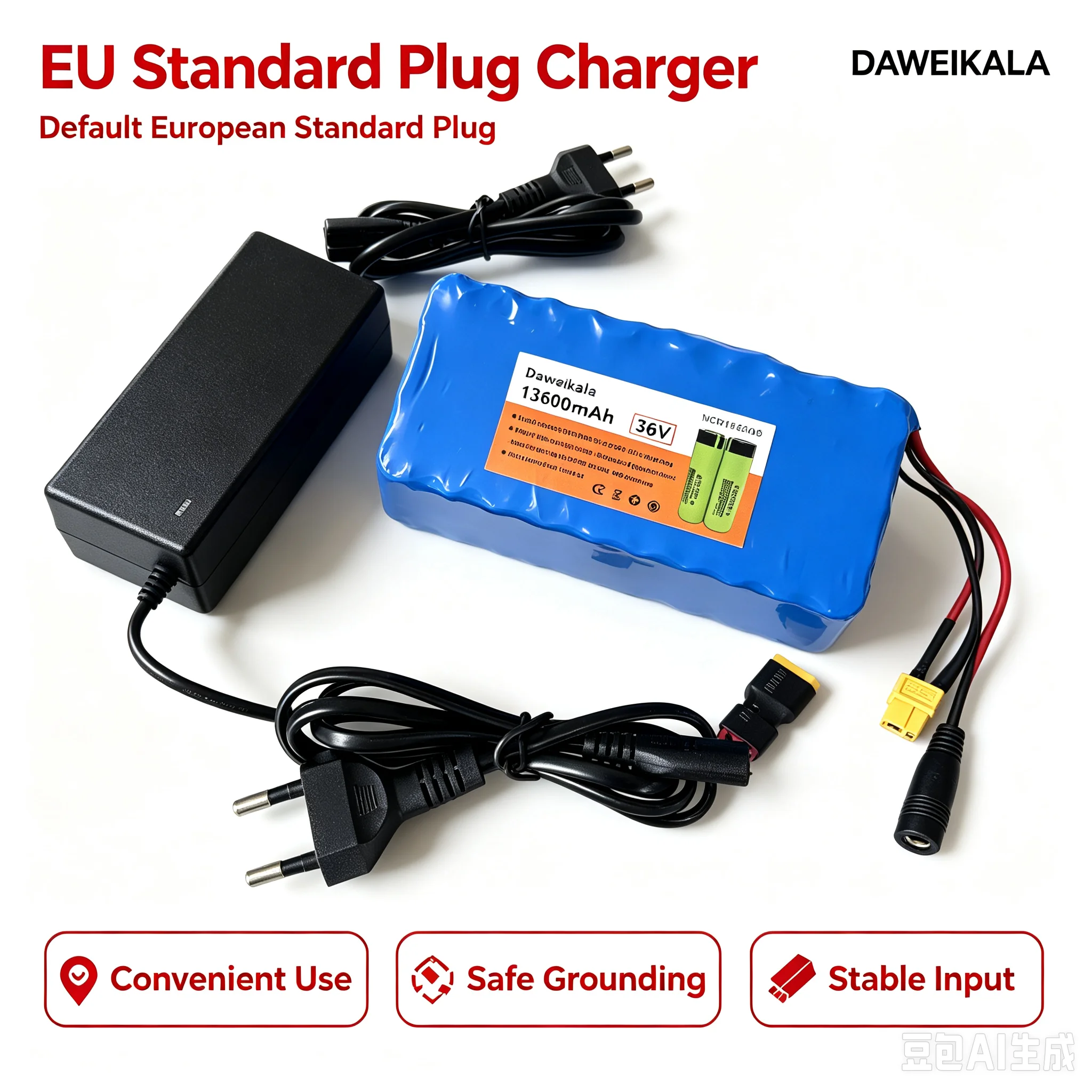 Neue DAWEIKALA 36V 13600mAh 10S4P Lithium-Batterie NCR18650B mit hoher Kapazität, EU-Standard-Ladegerät, XT60/T DC-Optionale Anschlüsse, Überladeschutz, stabile Entladung für Elektrogeräte