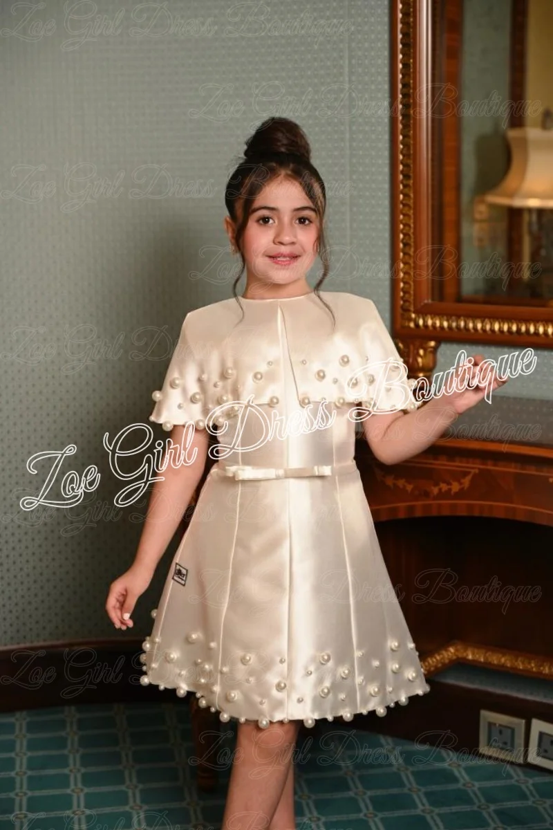 Satin Flower Girl Dresses for Wedding Pearls Knee Length Lovely Baby Girl Birthday Ball Gowns First Communion Gowns Customized view 2