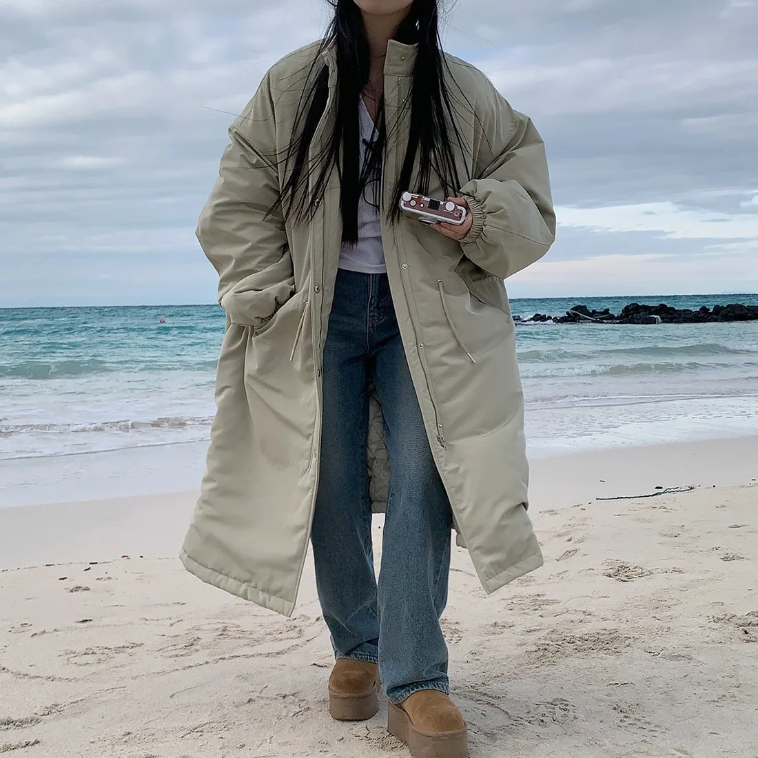 Cappotto Parka in cotone Thiened Colletto alla coreana retrò da donna Vestibilità ampia Vita con coulisse Capispalla in cotone Jaet Primavera Autunno Inverno