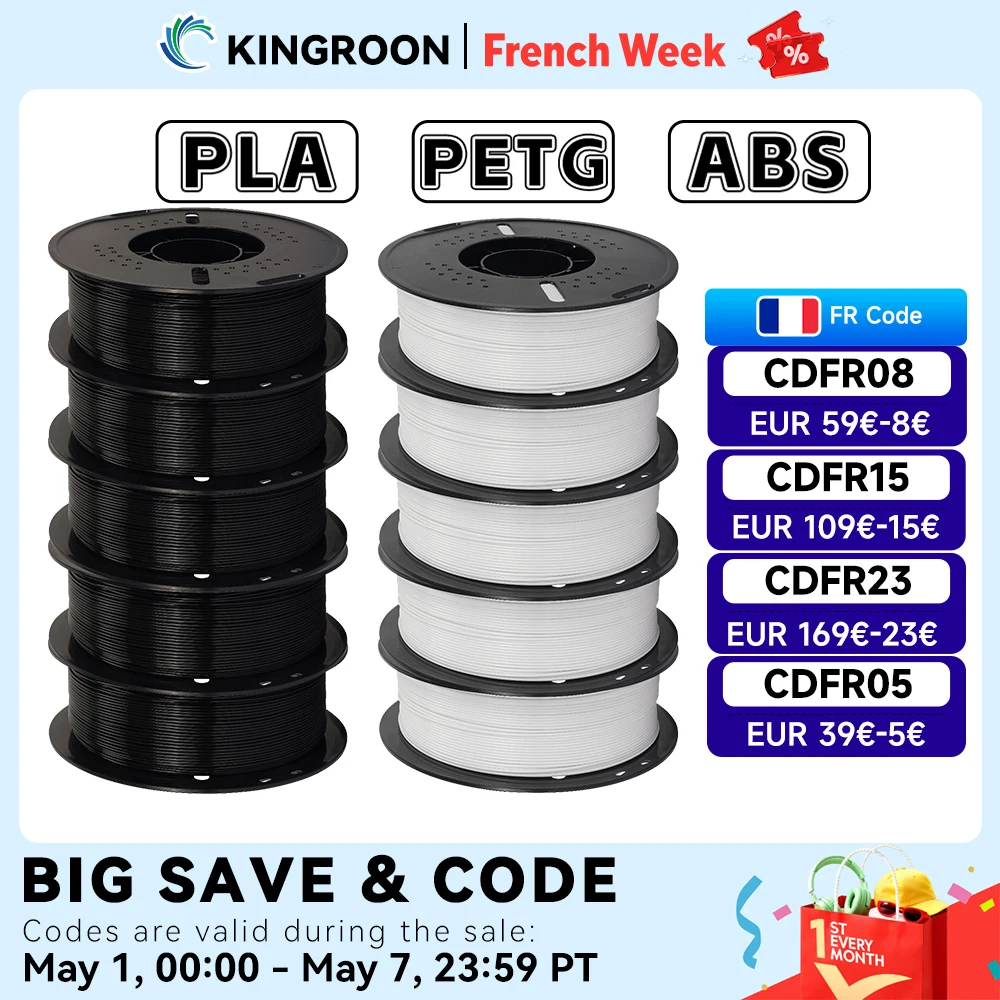 KINGROON 10KG PLA/ABS/PETG Filament 1.75mm noir blanc gris, vente en gros 10 rouleaux PLA ABS PETG plastique pour imprimante 3D