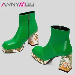 ANNYMOLI stivali moda donna in pelle Pu stivaletti tacco alto spesso cerniera punta quadrata scarpe autunno inverno Sexy verde arancione rosa