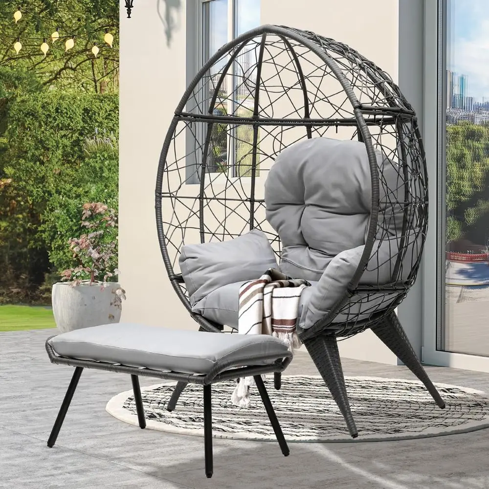 

Outdoor Gray Wicker Egg Lounge Chair with Cushion and Ottoman for Patio, Garden, Backyard, Porch