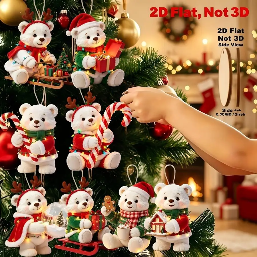 1/5/10/20/50/100pcs 2D Flat-Pack 16-Piece Set of Cute Polar Bear Christmas Ornaments, Classic Holiday Decorations in Wooden Shap