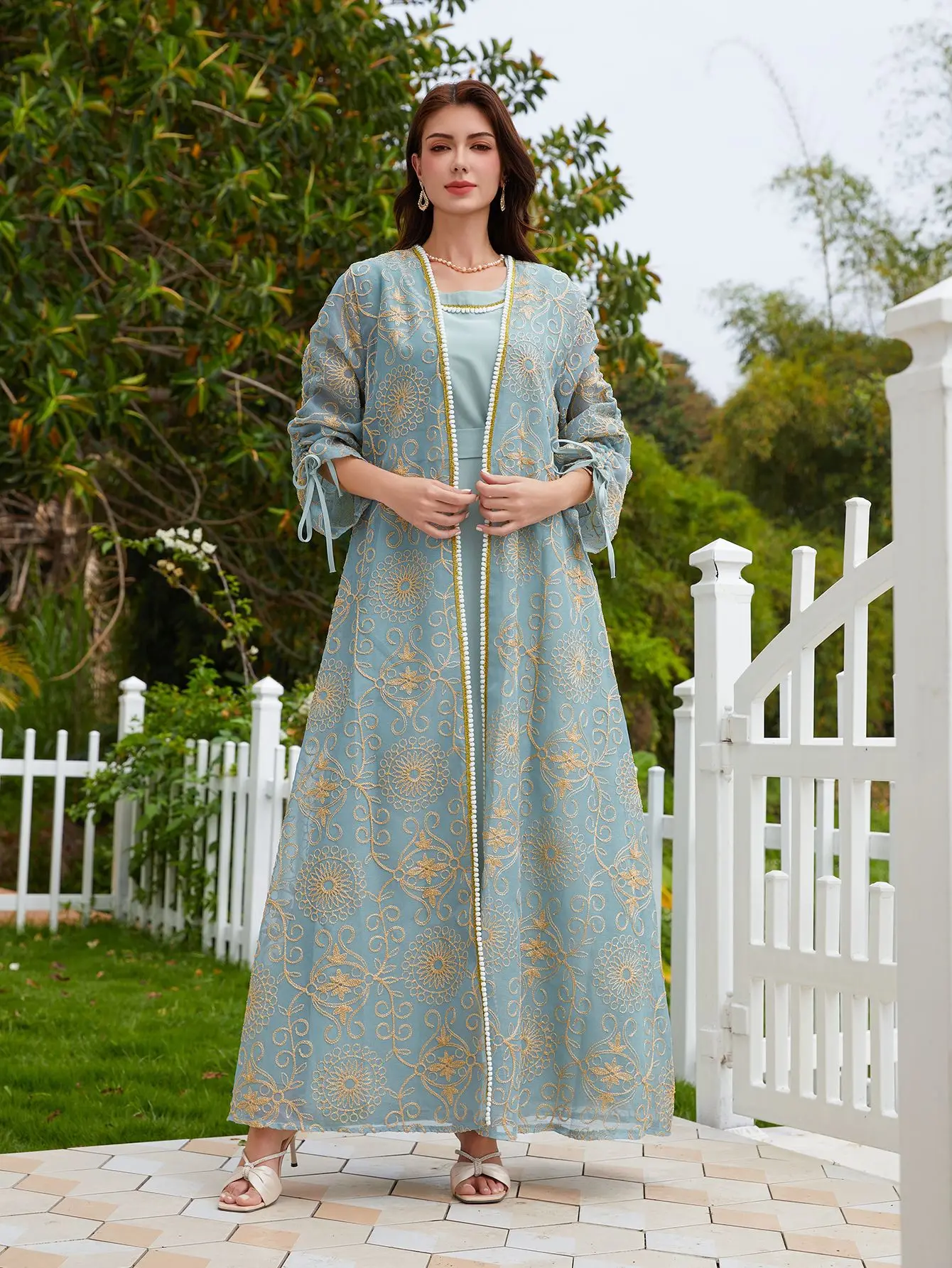 

Elegant Jalabiya Modest Long Sleeve Embroidered Abaya Two Piece Maxi Muslim Dress Lightweight Saudi Dubai Cotton Kaftan