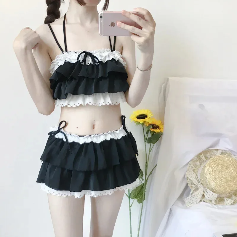 Cute girls Lolita ruffle bikini sukuizu cosplay pink and black color swimsuit hollowed multilayer hem Biquini women swimwear