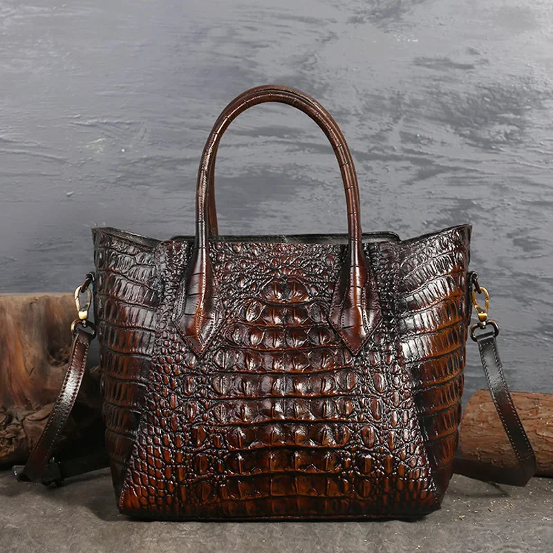 

Women Oil Wax Genuine Leather Shoulder Top Handle Bag Crocodile Pattern Luxury Ladies Messenger Cowhide Cross Body Tote Handbag