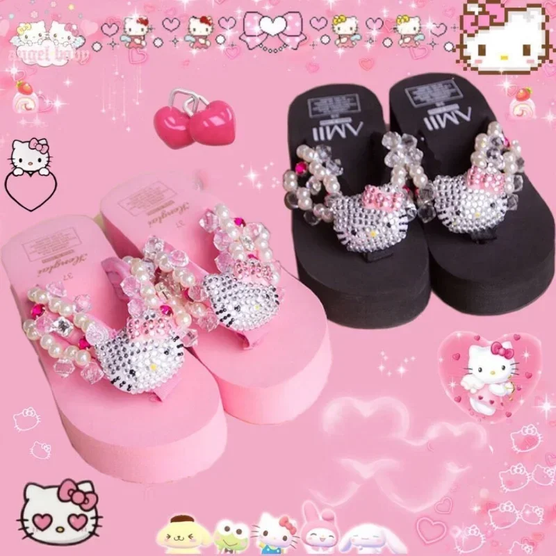 Sanrio Y2k Millennial Spice Girl Hello Kitty Flip Flops Lovely Girl Beach Slippers Harajuku Full Diamond Wedge Muffin Slippers