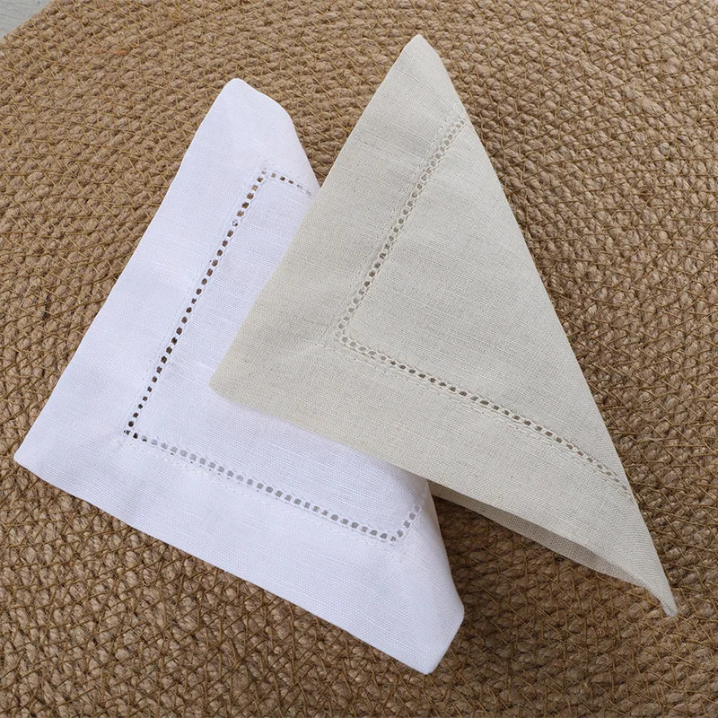 Linen-cotton White Coaster with Perforated Cutwork, Drawn-thread Embroidery, Cocktail Napkin,and Embroidered Floral Design