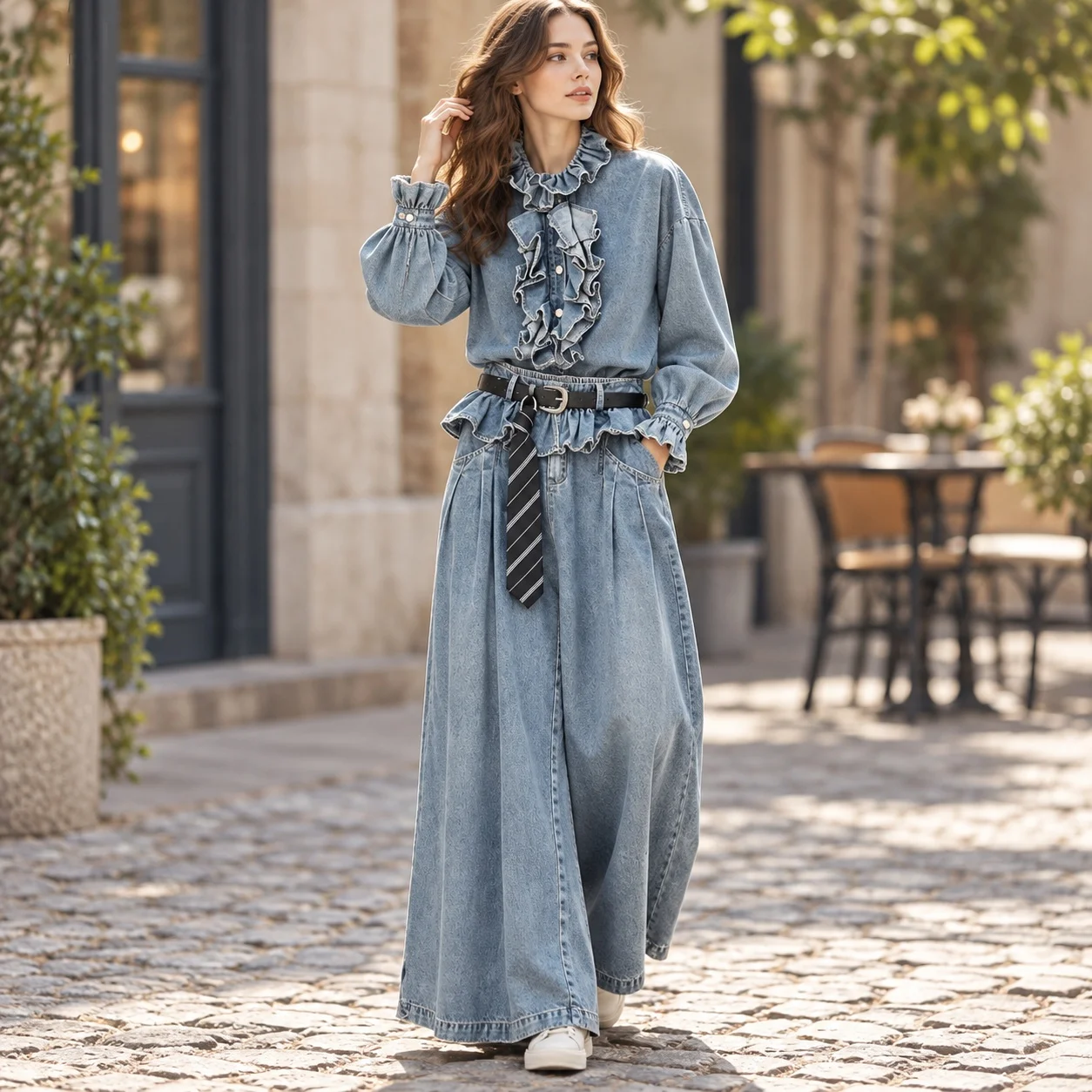 Casual Ruffle Set Slim Fit with Distressed Wash Wrinkle Detail 3D Effect Pattern Literary Retro Long Sleeve Autumn Women Suit