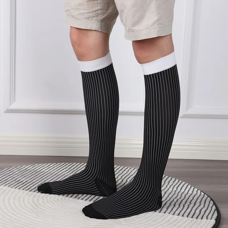 

Mens Stripe Dress Socks Silk Sheer Business Socks Soft Nylon Work Trouser Sox Mid Calf Breathable Summer Dry Fit Crew Socks