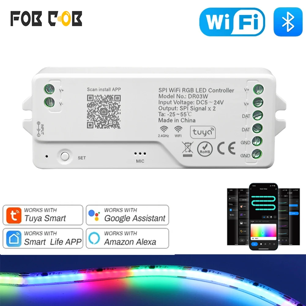 

Tuya Wifi LED Strip Controller WS2811 WS2812B Addressable LED Dimmer SPI RGBIC LED Controller 5-24V For Alexa Google Assistant