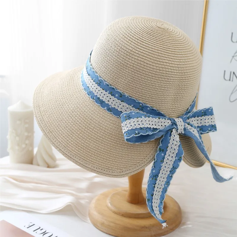 New blue-patterned lace ribbon hat for women wide-brimmed sun-protective versatile outings and