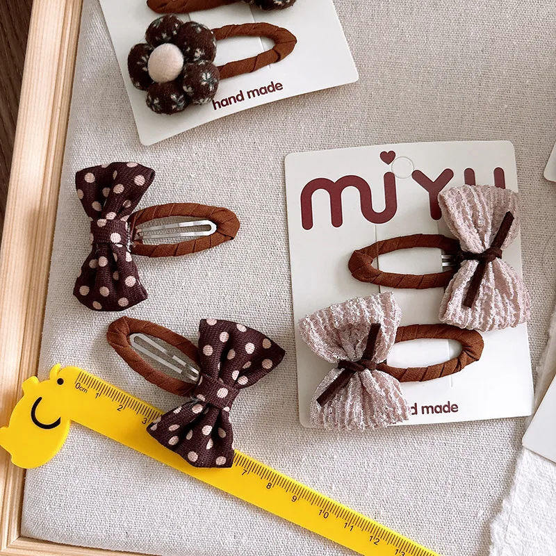 2pc New Coffee BrownColor Snap Hair Clips Baby Cotton Dot Spot Hairpins Kid Tartan Plaid Prints Barrettes Girls Hair Accessories