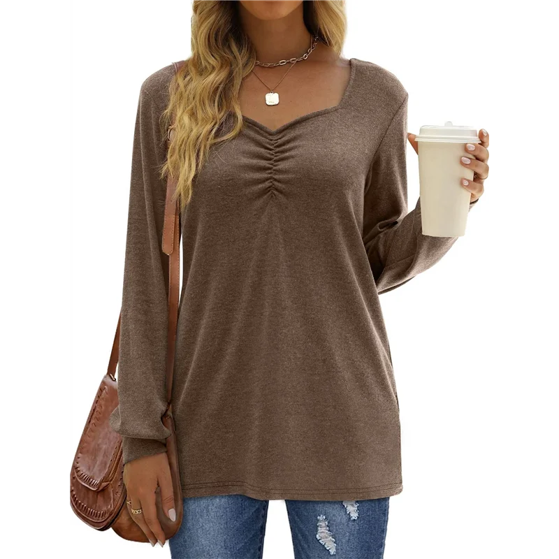 

ABRT-Women Long Sleeve Solid Color Sweetheart Collar Elegant Casual Print Blouse Sweatshirt Tunics Pullover