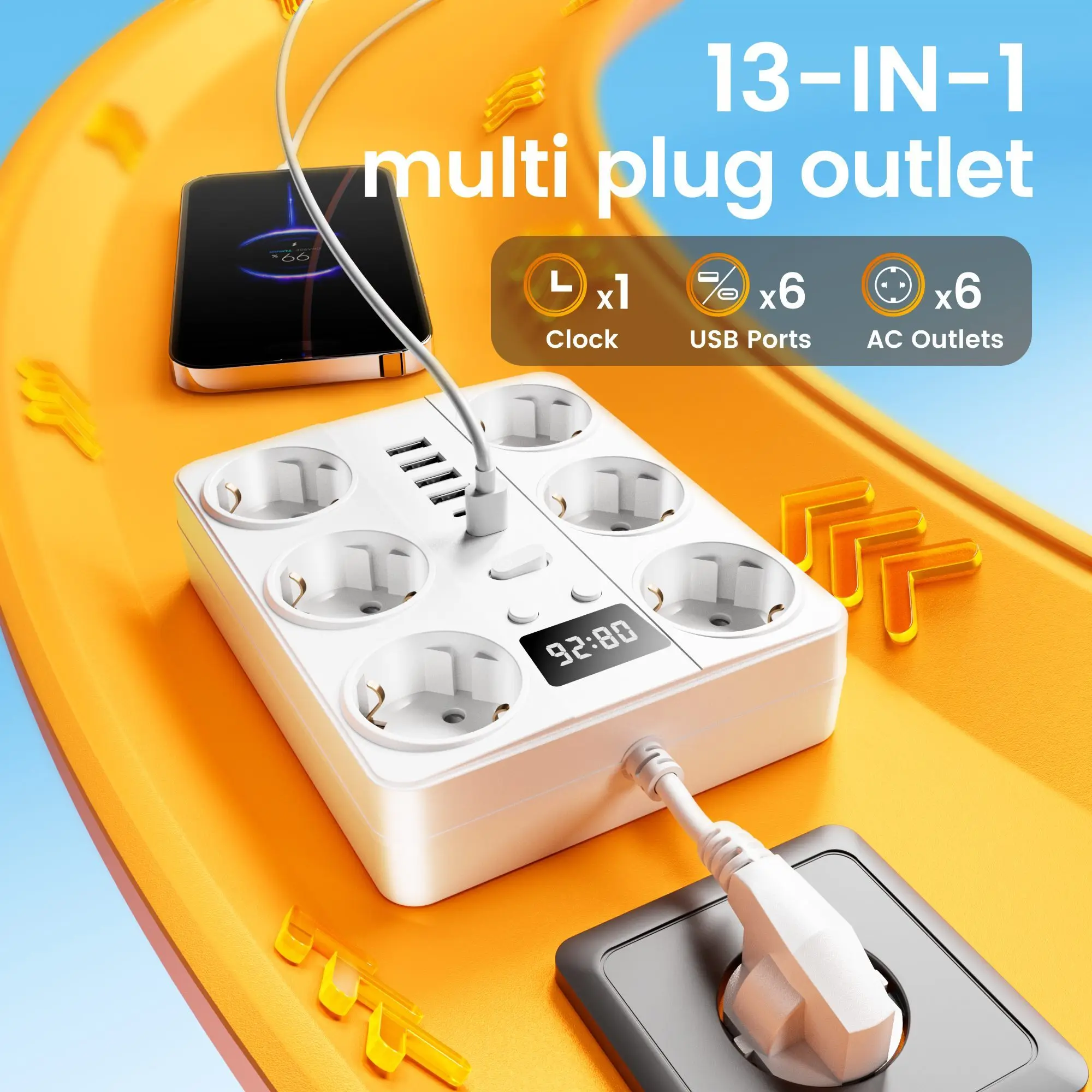 شريط طاقة 14 في 1 مع 8 منافذ تيار متردد، 4 منافذ USB-A 2 USB-C شحن سريع، حماية من زيادة الحمل الزائد وحماية ماس كهربائى #1