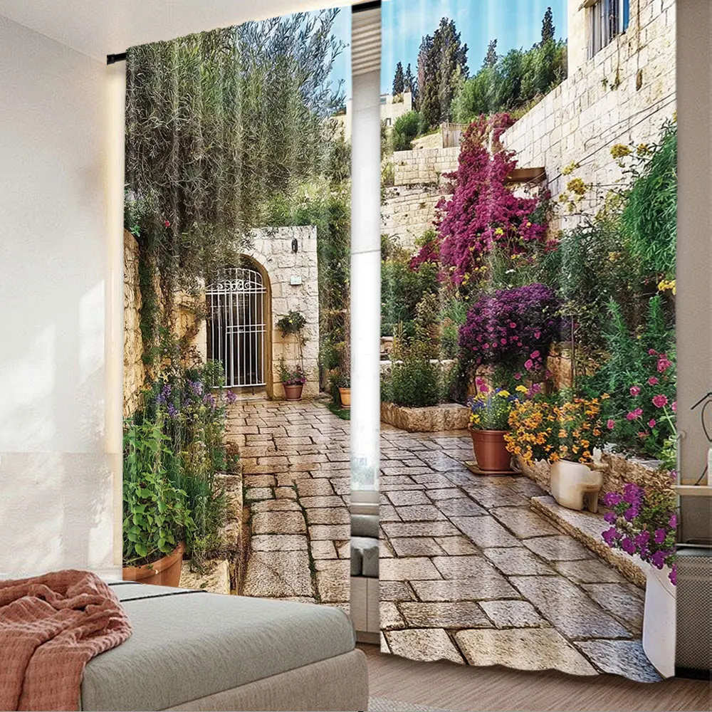 2Pcs Jerusalem Old House Narrow Street Curtain Spring Flowers Trees For Living Room Bedroom And Many Other Occasions A