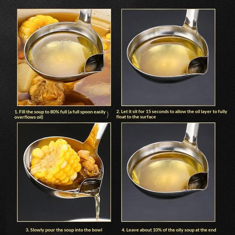 @*Efficient Grease Separating Soup Ladle Stainless Steel Long Handle Oil Filter for Commercial Restaurant Use