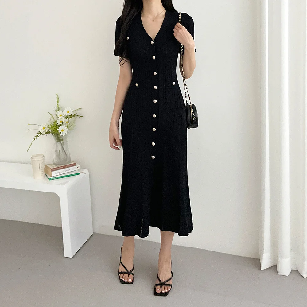 

Summer Midi Dress Women Knitted Black Bodycon Korea Style Ruffle Ladies Dresses Elegant Fashion Casual Woman Dress 2024