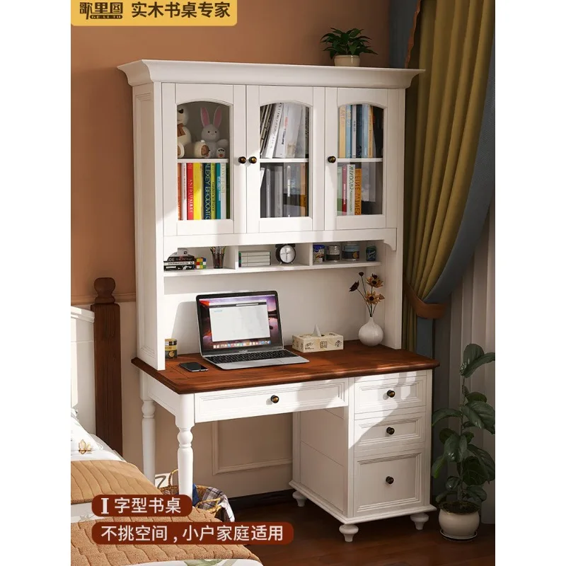 Golitu American solid wood desk bookshelf integrated table bookcase combination Mediterranean children's bedroom home computer d
