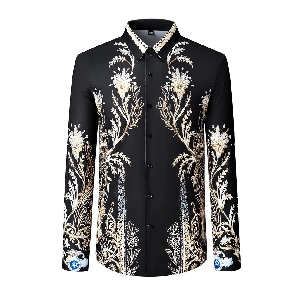 High Quality Rhinestone Printed Men's Shirt 2025 Autumn Long Sleeve Casual Shirt Slim Business Social Party Tuxedo Dress Shirts