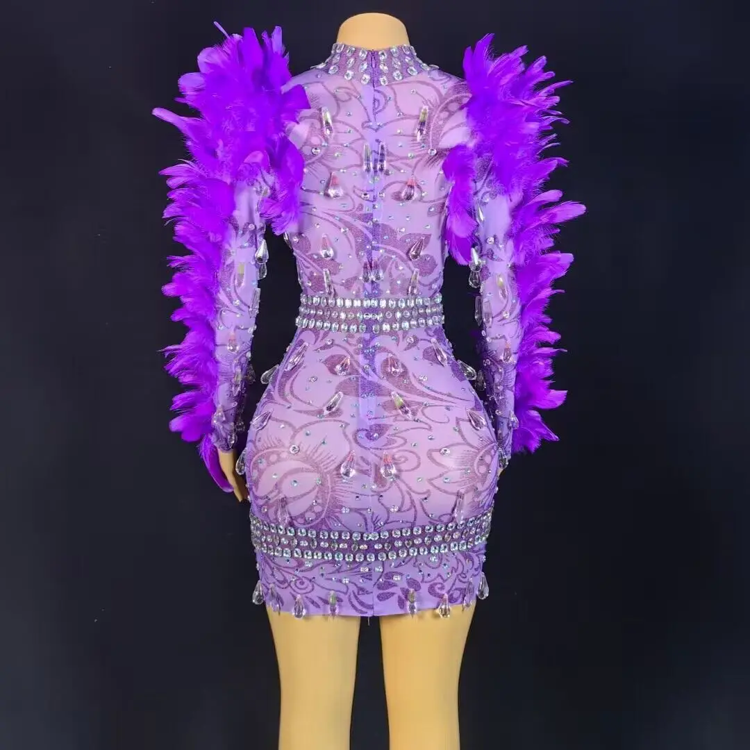 Sparkly Rhinestones Feathers Short Dress Sexy Mesh See Through Evening Celebriate Birthday Dress Performance Costume Stage Wear