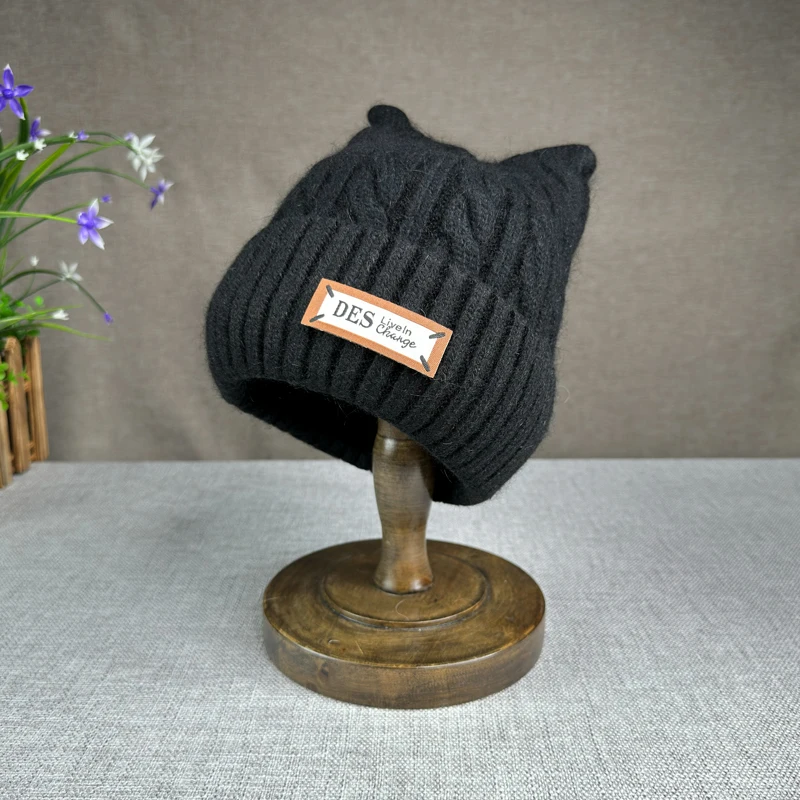 24 New Cute Cat\'s ears Wool Hat Women Rabbit Hair Knitted Hat Winter Thickened Warm Cap