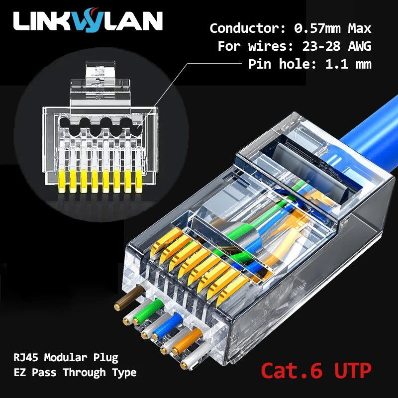 Linkwylan CAT7 Cat6 Cat5e Pass Through RJ45 Modular Plug Network Connectors UTP STP 1.1/1.3/1.5mm Holes For Solid Stranded Wires