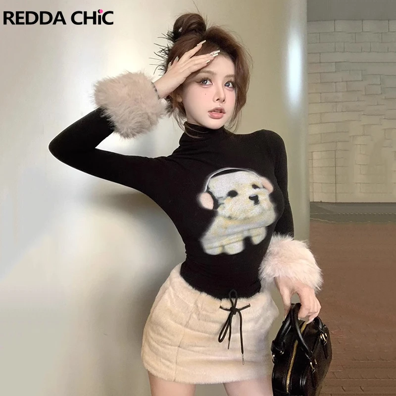 

ReddaChic, водолазка с рисунком собаки, флисовый топ для женщин, съемные манжеты из искусственного меха, кашемировая футболка с длинными рукавами, осенне-зимняя одежда